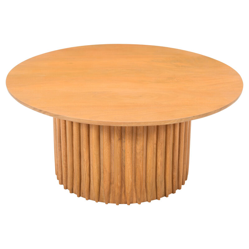 Sejo Coffee Table, 34 Inch Round Top with Fluted Base in Natural Brown Mango Wood - Benzara