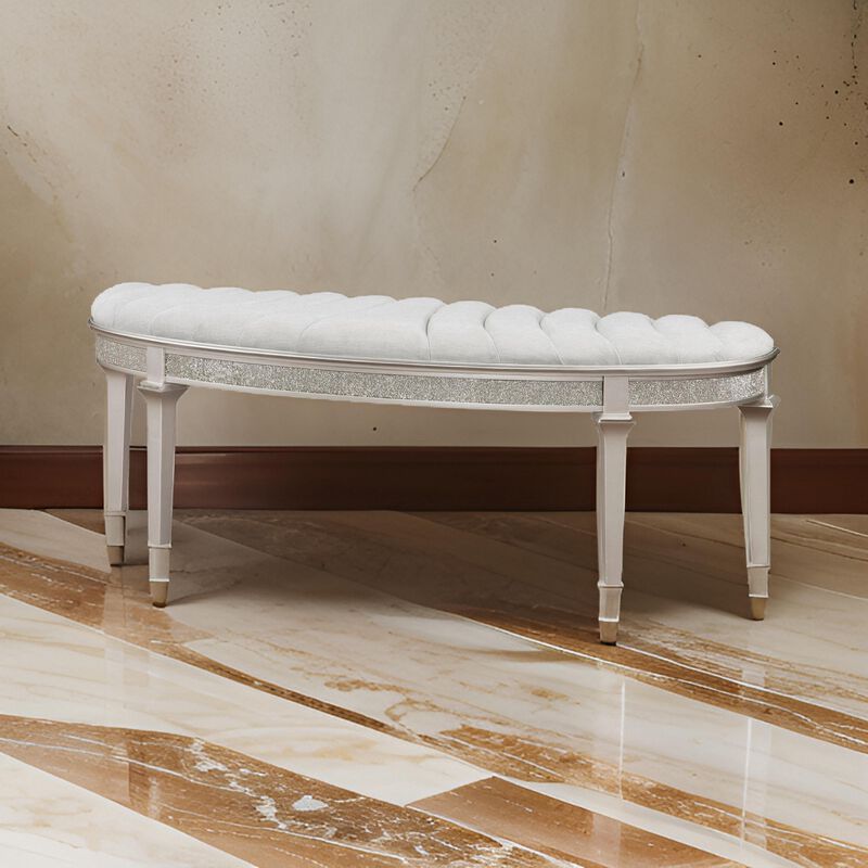 Nive 53 Inch Bench, Semiround Shape, Encrusted Faux Diamond, Silver Oak - Benzara