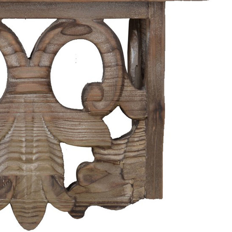 23.5 Inches Wooden Wall Shelf with Scrollwork, Small, Brown-Benzara