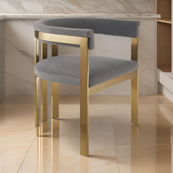 Cid Tayc 25 Inch Dining Chair, Contemporary Art Gray Velvet, Gold Steel - Benzara