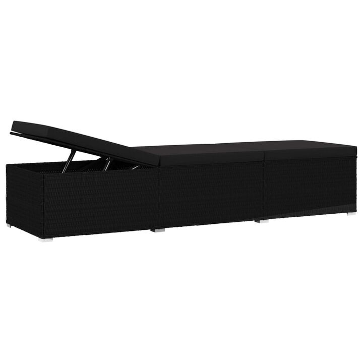Outdoor Chaise Sun Lounger with Cushion, 77 Inch Black Poly Rattan - Benzara