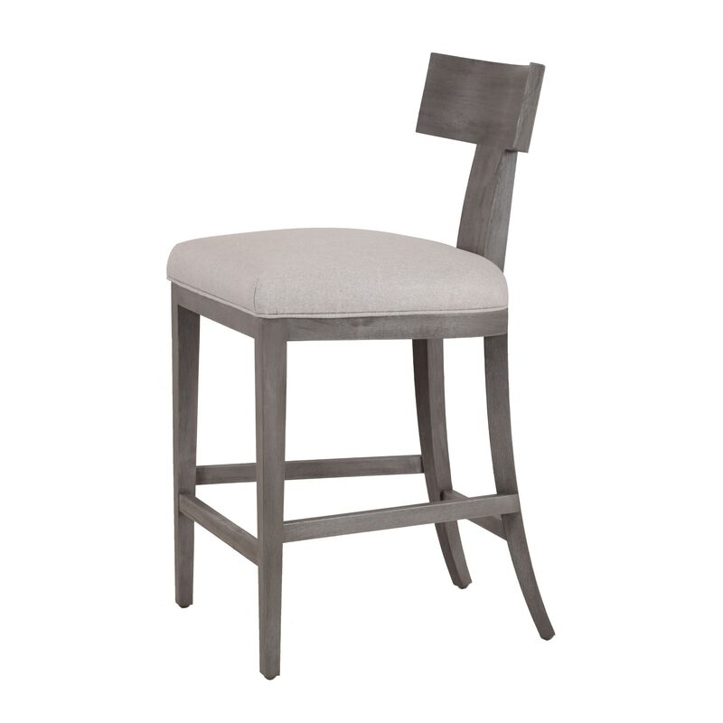 Cid Sten 27 Inch Counter Height Chair, T Shape Back, Soft Beige Linen, Gray - Benzara