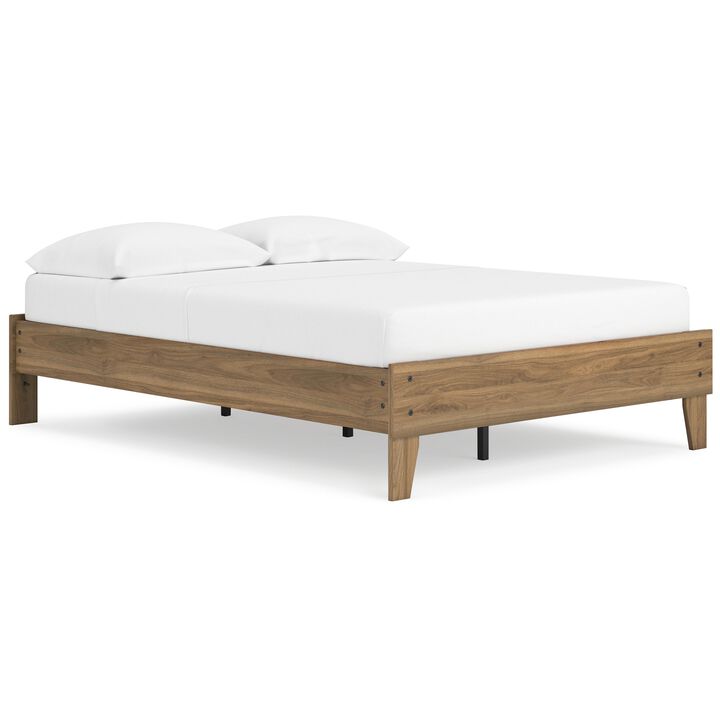 Deana Full Platform Bed, Honey Brown Wood, Low Profile Tapered Legs - Benzara