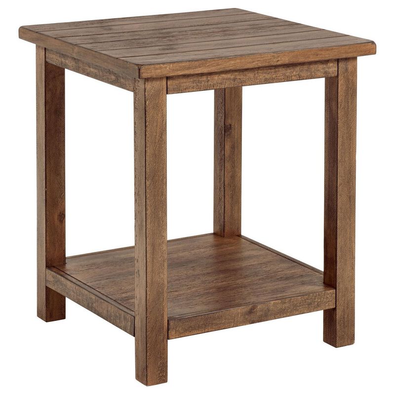 Ayne Side End Table, 1 Shelf, Distressed Brown Wood, Square 20 Inch - Benzara