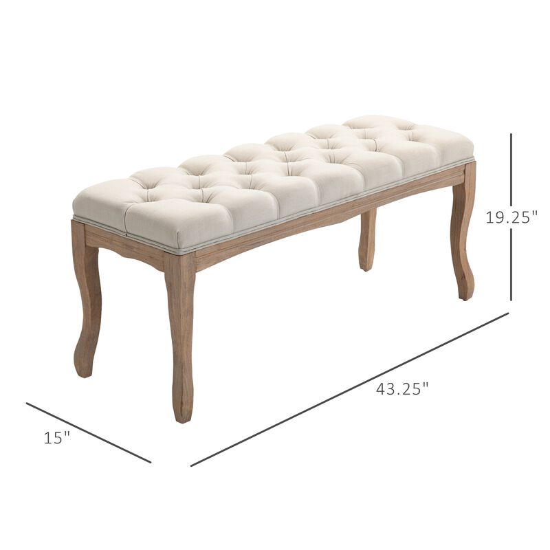 Beige Versatile Bench: 43" Linen Ottoman with Tufted Seat