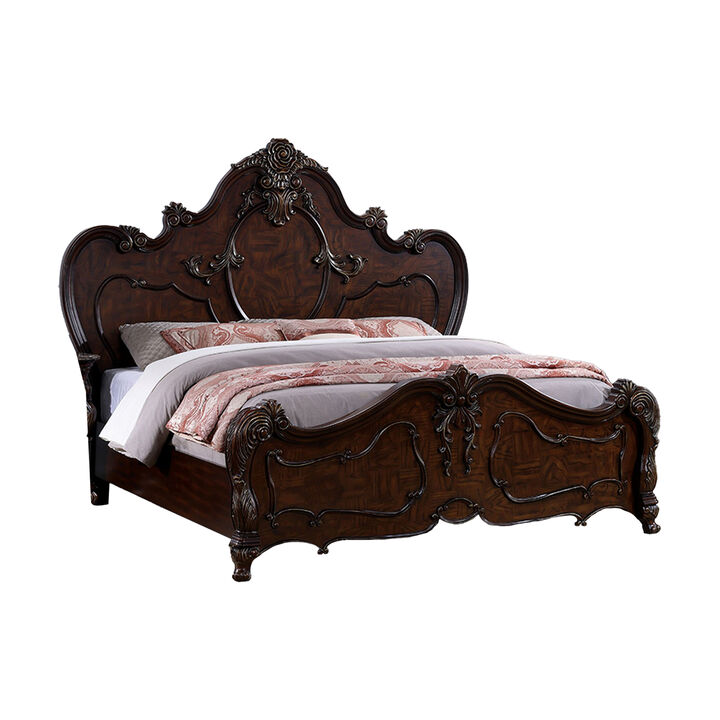 Rosy King Size Bed, Carved Details, Turned Legs, Cherry Brown Solid Wood - Benzara