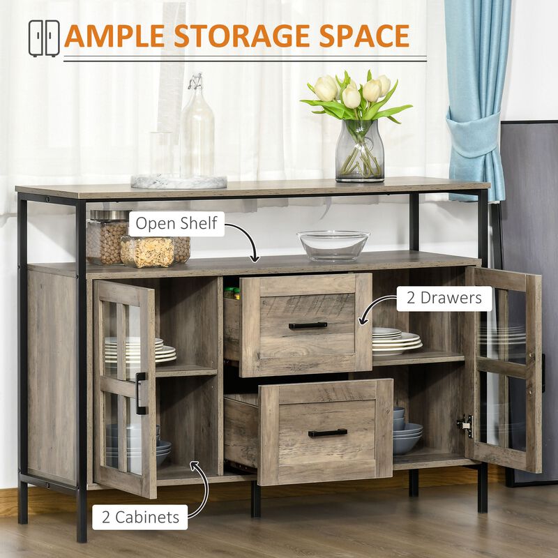 Gray Rustic Storage: Kitchen Sideboard with Glass Doors & Drawers