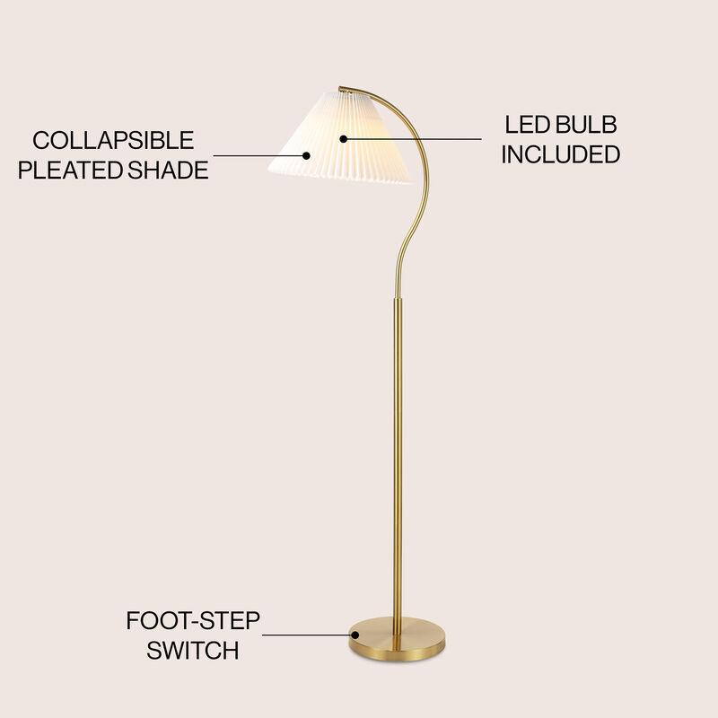 Devon Modern Glam Metal Arc LED Floor Lamp with Pleated Shade
