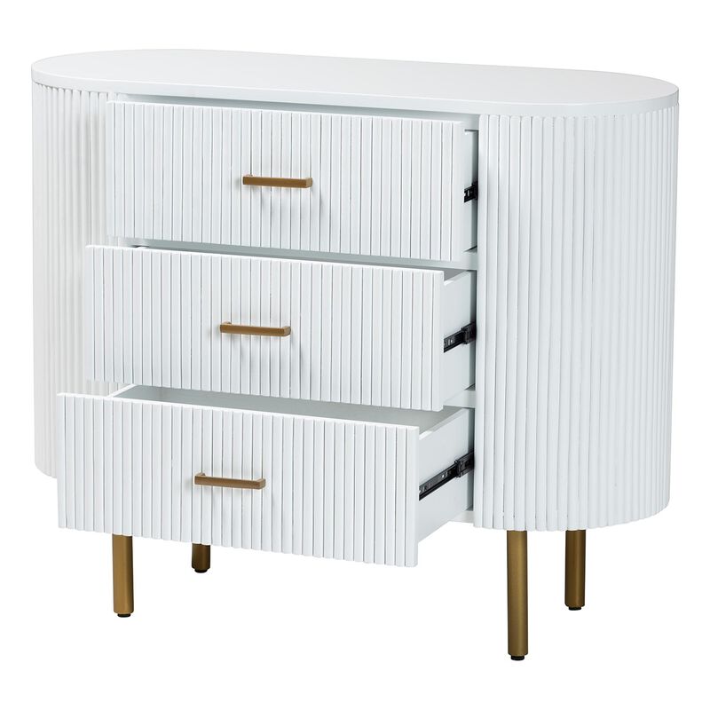 bali & pari Beyla Mid Century White Fluted Wood and Gold Metal 3 Drawer Dresser