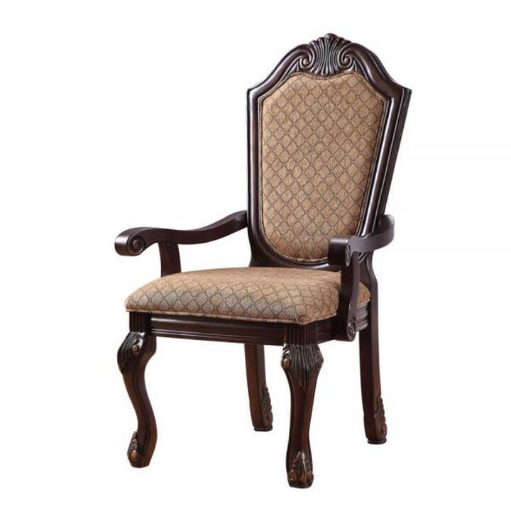 Loki 29 Inch Dining Armchair Set of 2, Beige Fabric, Crown Top Back, Brown  - Benzara