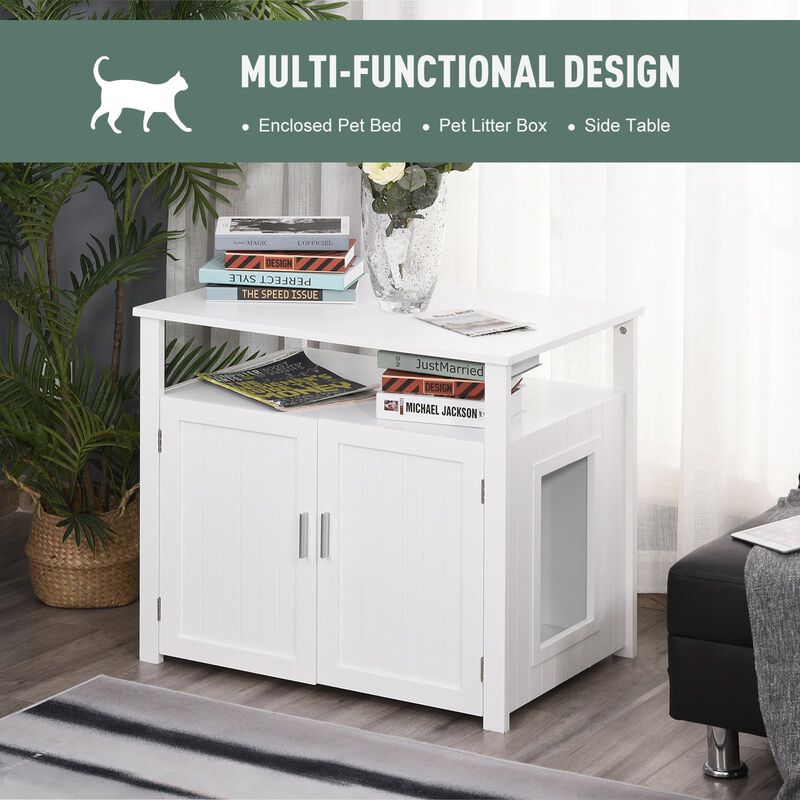 White Kitty Litter Cabinet: Wooden Nightstand with Adjustable Wall