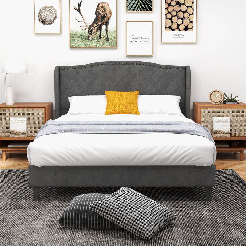 Upholstered Platform Bed Frame with Button Tufted Headboard