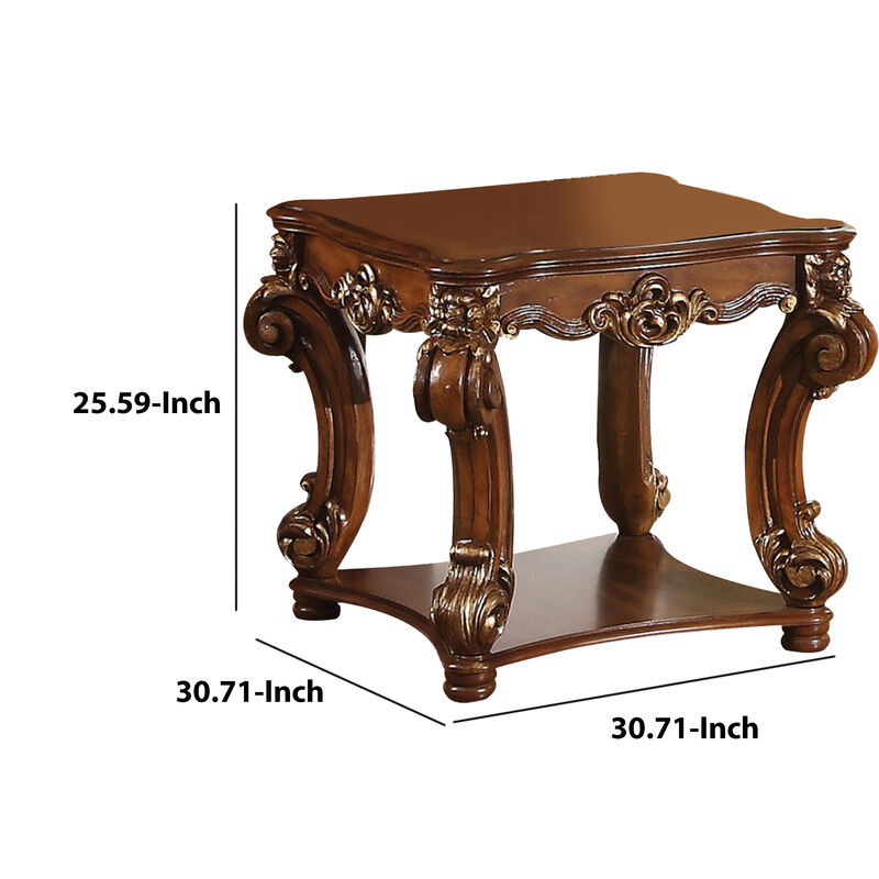 Square Top End Table With Scrolled Leg And Bottom Shelf, Cherry Brown-Benzara