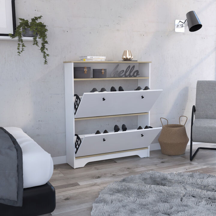 Calgary Shoe Rack, Superior Top, One Open Shelf, Two Extendable Shelves - Light Oak White
