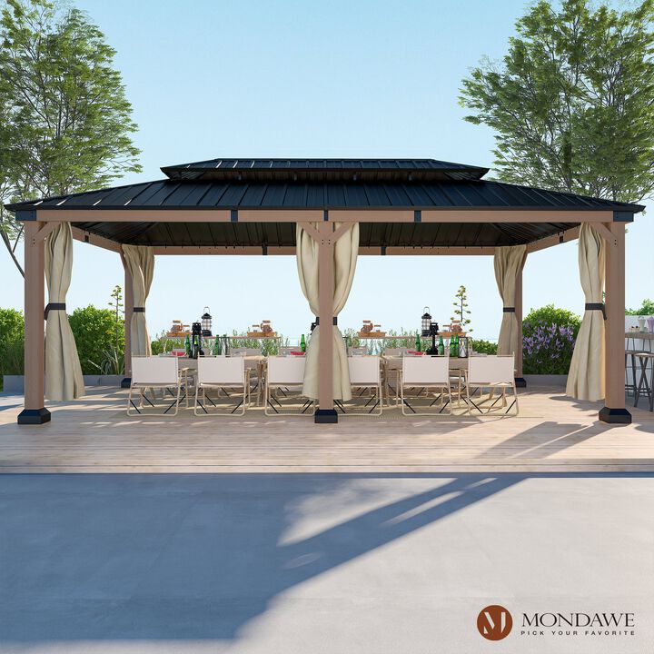 Mondawe Beverly Hills 12 ft. x 20 ft. Outdoor Fir Solid Wood Frame Patio Gazebo Canopy Shelter Galvanized Steel Hardtop Curtain