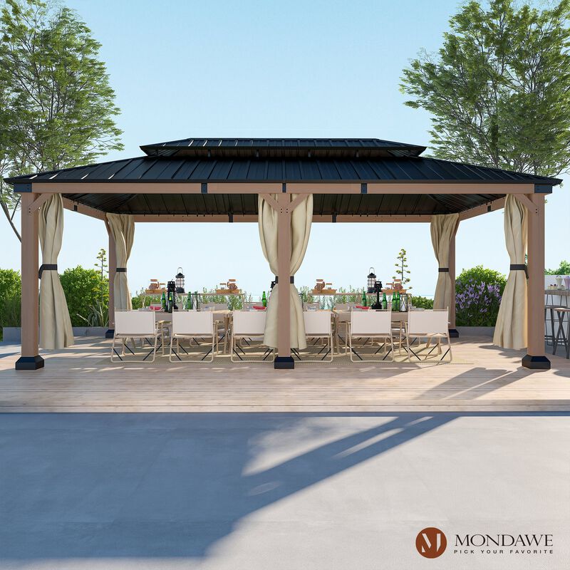 Mondawe Beverly Hills 12 ft. x 20 ft. Outdoor Fir Solid Wood Frame Patio Gazebo Canopy Shelter Galvanized Steel Hardtop Curtain
