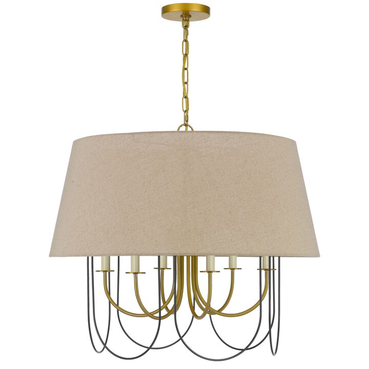 Pomy 28 Inch Chandelier, Hardback Burlap Shade, Gold Black Metal - Benzara