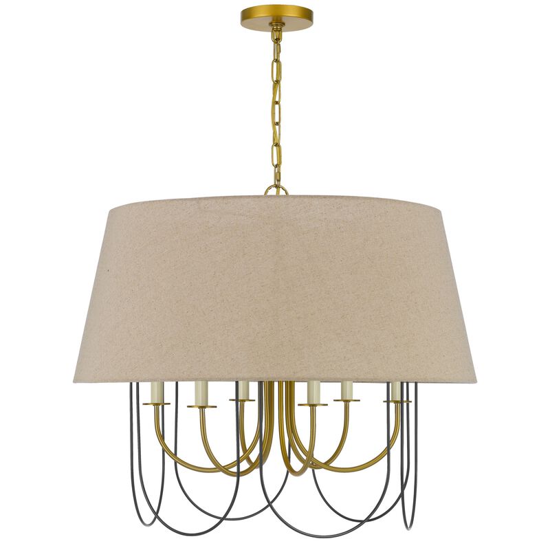 Pomy 28 Inch Chandelier, Hardback Burlap Shade, Gold Black Metal - Benzara