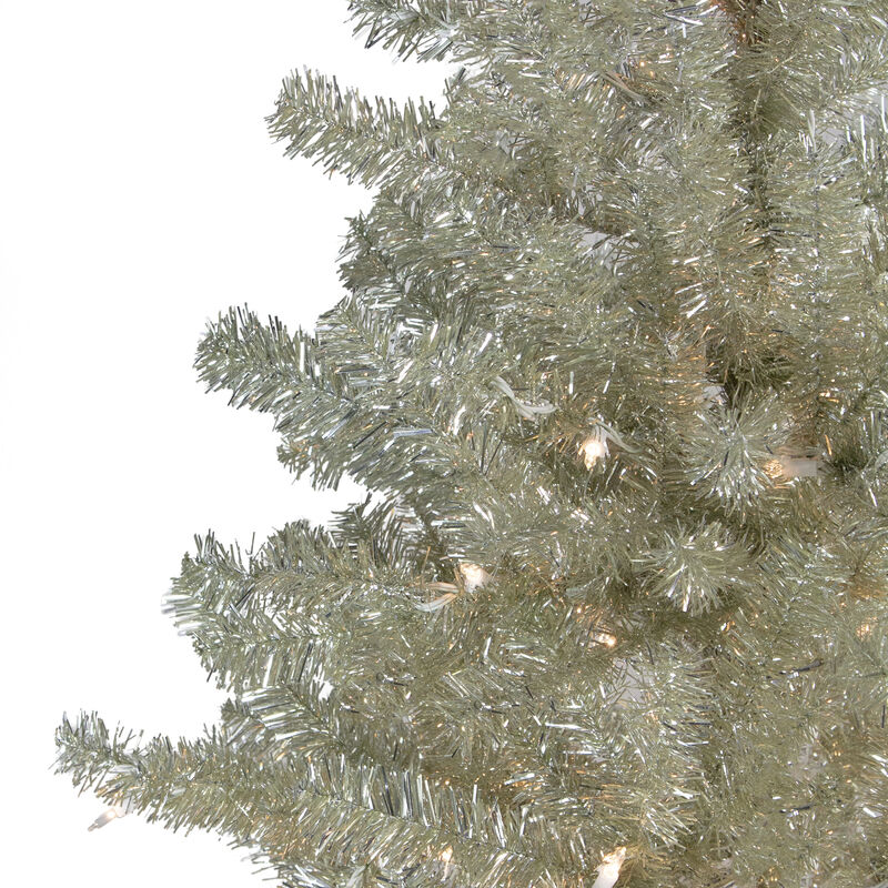 6' Pre-Lit Silver Champagne Artificial Metallic Tinsel Christmas Tree - Clear Lights