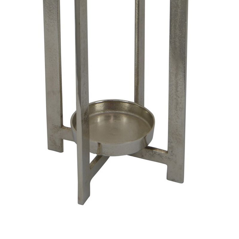 Siana 31 Inch Lantern Candle Holder, Classic Silver Finished Metal - Benzara