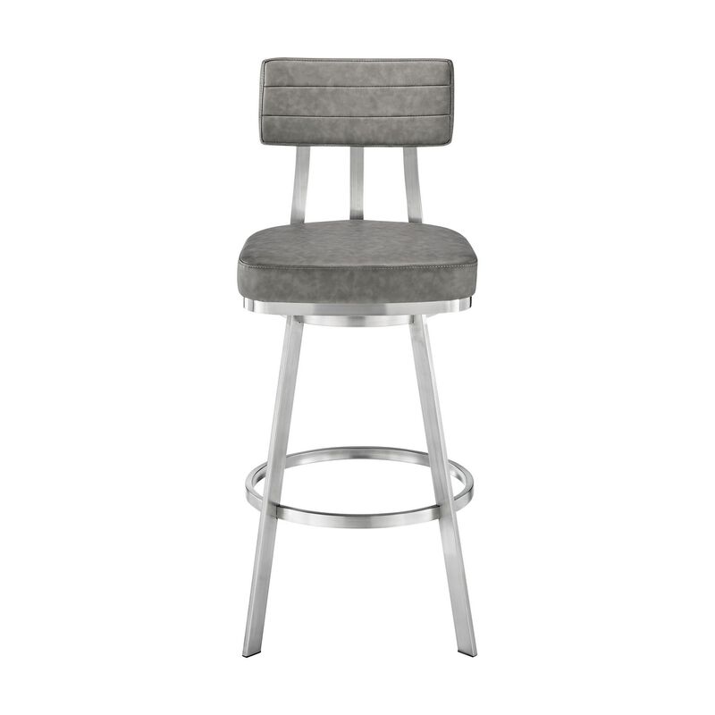 Col 26 Inch Swivel Counter Stool, Gray Faux Leather, Stainless Steel Frame - Benzara