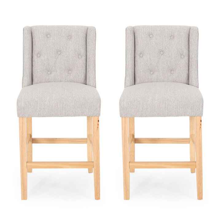 Seliva Counter Stool Chair Set of 2, Light Gray Fabric, Tufted, Brown Wood - Benzara
