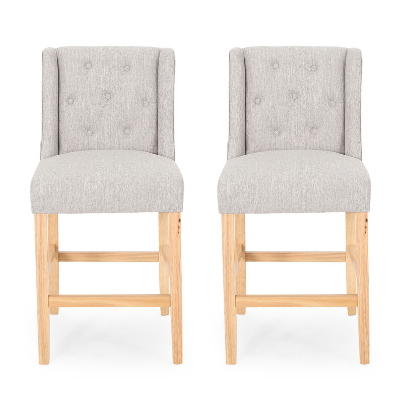 Seliva Counter Stool Chair Set of 2, Light Gray Fabric, Tufted, Brown Wood - Benzara