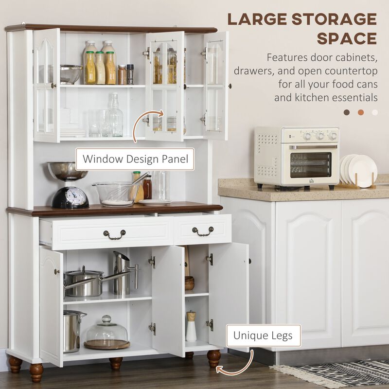 White Kitchen Hutch: Freestanding Pantry with 6 Doors & 2 Drawers