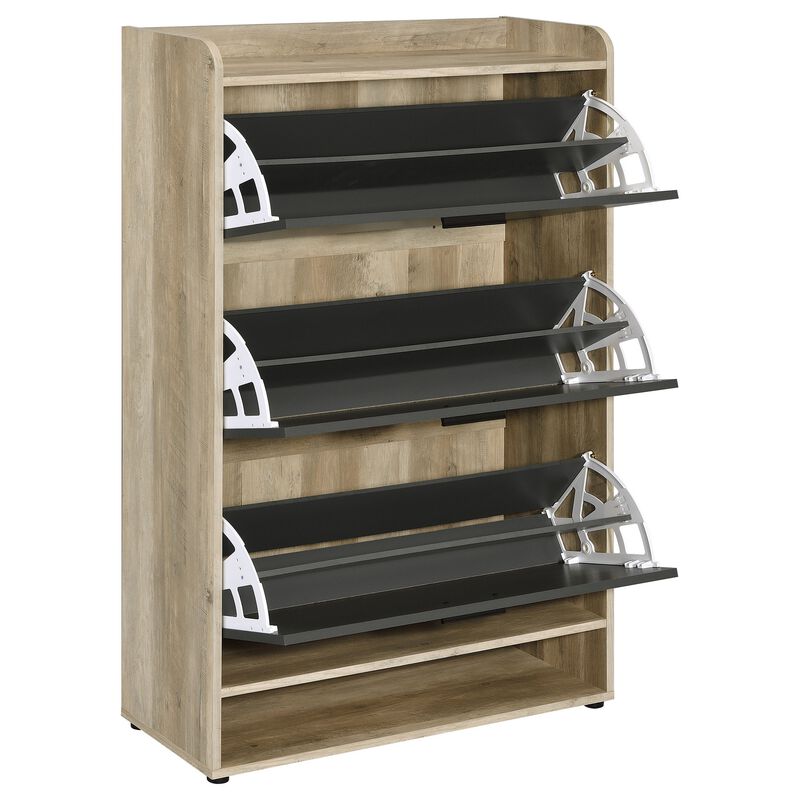 Danny Shoe Storage Cabinet, 3 Tiered, Bottom Shelf, Antiqued Gray Pine - Benzara