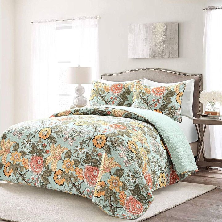 Hivvago Full/Queen 3 Piece Farmhouse Teal Blue Floral Cotton Reversible Quilt Set