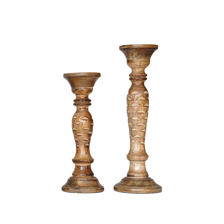Traditional Medium Burnt Eco-friendly Handmade Mango Wood Set Of Two 12" & 15" Pillar Candle Holder