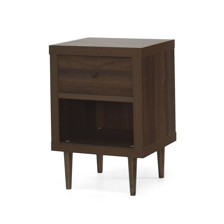Minie Nightstand with 1 Drawer, Shelf, Rubberwood Legs, Walnut Brown - Benzara