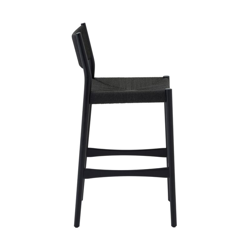 Rie Counter Stool Chair, Danish Inspired Panel Back, Black Woven Paper Cord - Benzara
