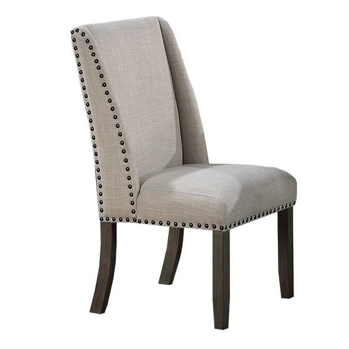 Alex Dining Side Chair Set of 2, Wingback, Nailhead Brown Wood, Beige - Benzara
