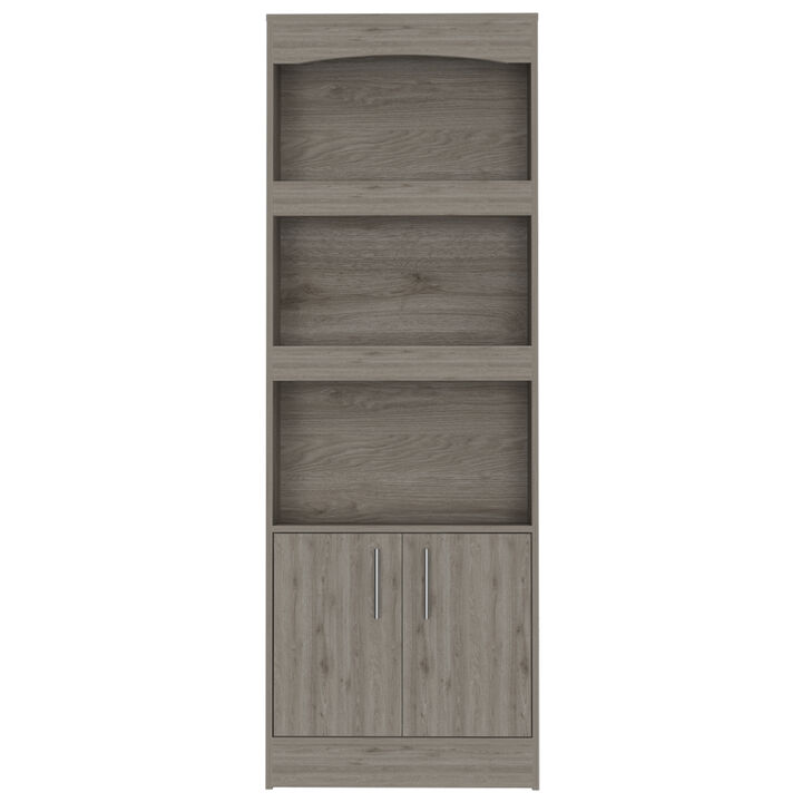 DEPOT E-SHOP Dozza Bookcase, Three Shelves, Double Door Cabinet, Metal Hardware, Light Gray
