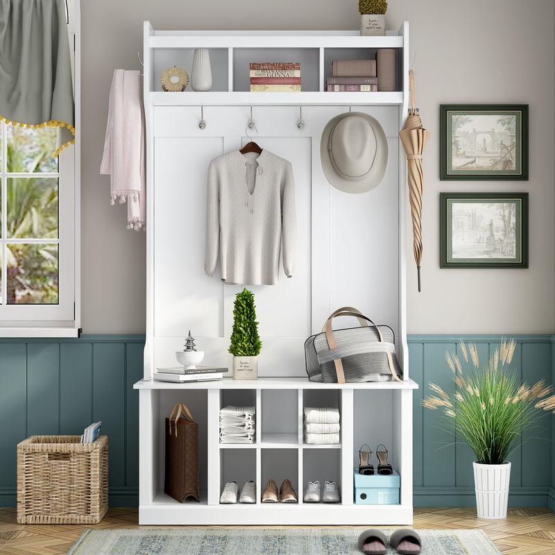 Entryway Hall Tree with Storage Bench & 6 Coat Hooks For Mudroom Organizer