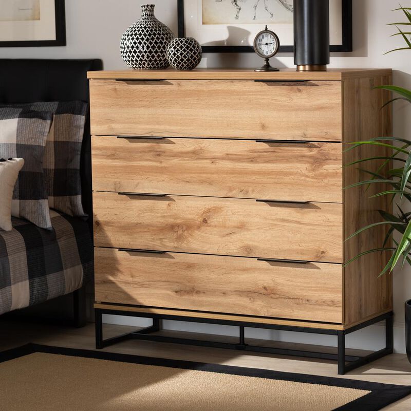 Baxton Studio Industrial Oak Finished Wood and Black Metal 4-Drawer Dresser