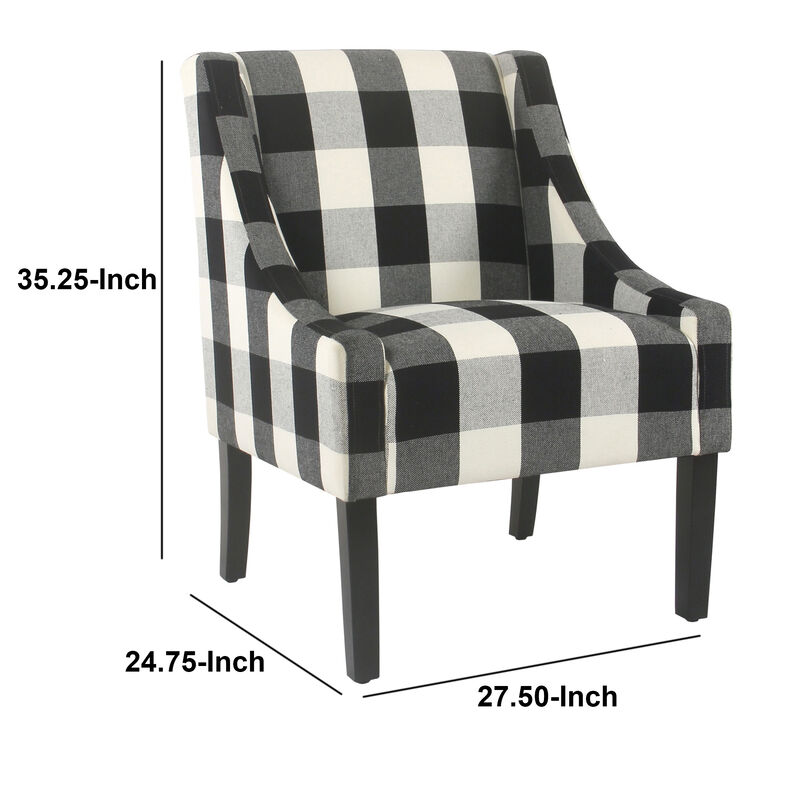 Fabric Upholstered Wooden Accent Chair with Buffalo Plaid Pattern, Black and White - Benzara