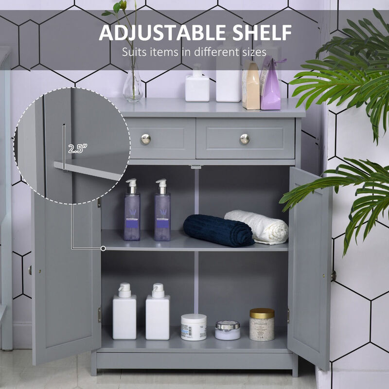 Grey Bathroom Cabinet: Small Freestanding Linen Storage with Metal Knob, Elevated Base, Drawers