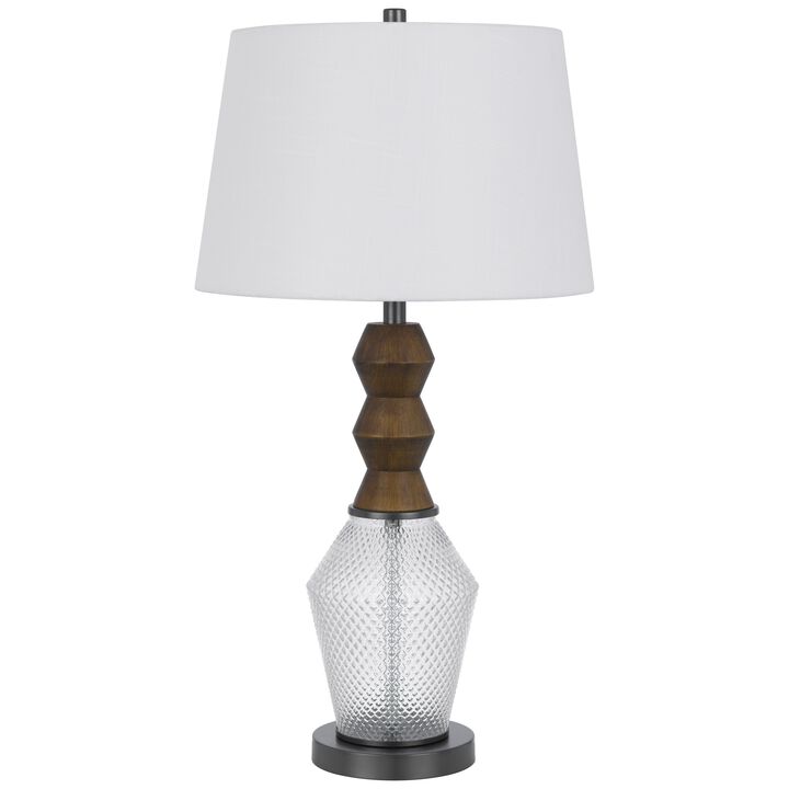 Hay 33 Inch Table Lamp, Diamond Pattern Glass Base, White Fabric Shade - Benzara
