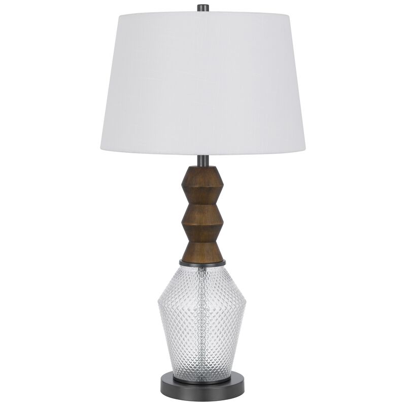 Hay 33 Inch Table Lamp, Diamond Pattern Glass Base, White Fabric Shade - Benzara