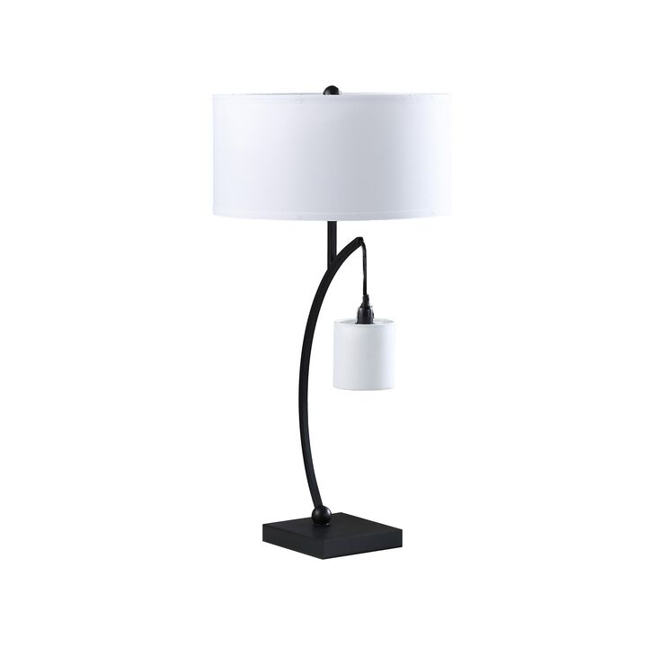Jiya 29 Inch Arc Table Lamp, Hanging Design, 2 White Drum Shades, Black - Benzara