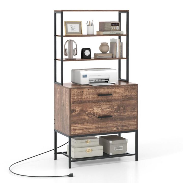 Hivvago Freestanding File Cabinet with Charging Station and 3-Tier Open Shelves