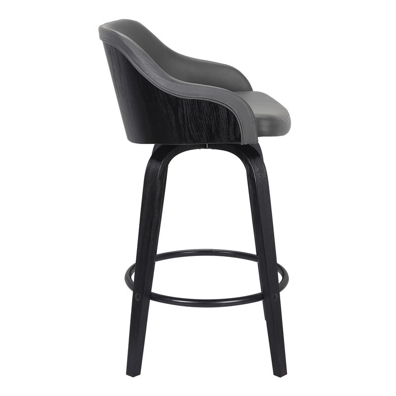 26 Inch Wooden and Leatherette Swivel Barstool, Black and Gray-Benzara