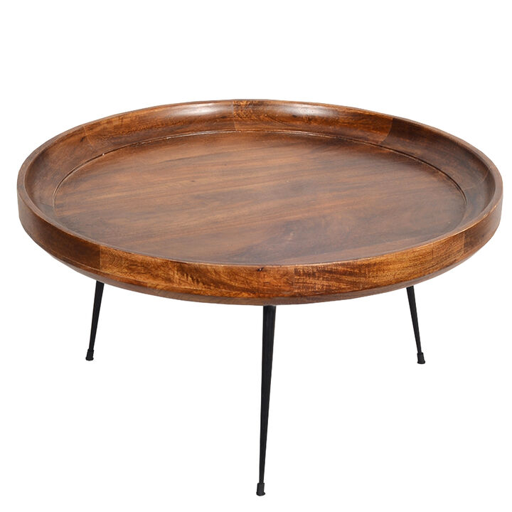 Round Mango Wood Coffee Table With Splayed Metal Legs, Brown and Black-Benzara