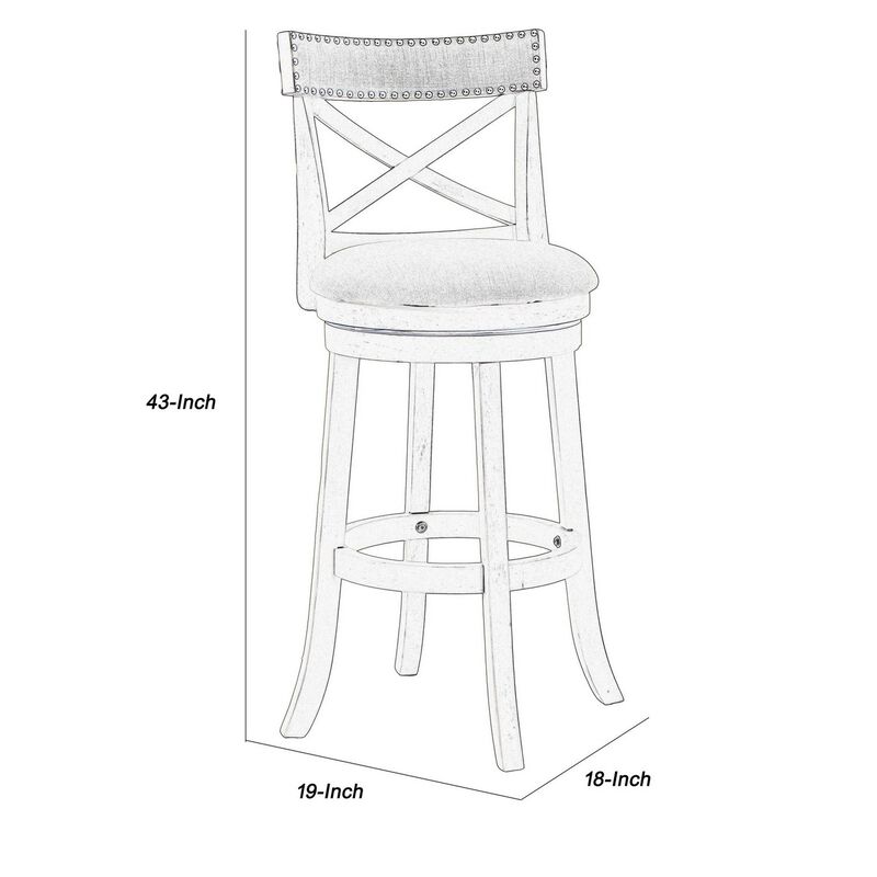 Curved X Shaped Back Swivel Barstool with Fabric Padded Seating, Antique White-Benzara