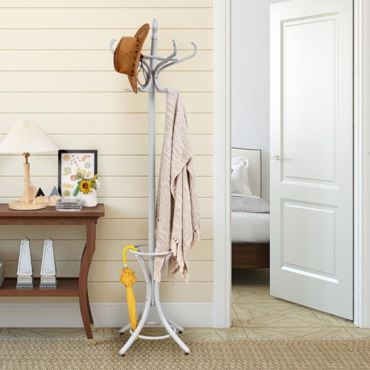 Hivvago Wooden Standing Coat Rack Tree with 12 Hooks and Umbrella Stand