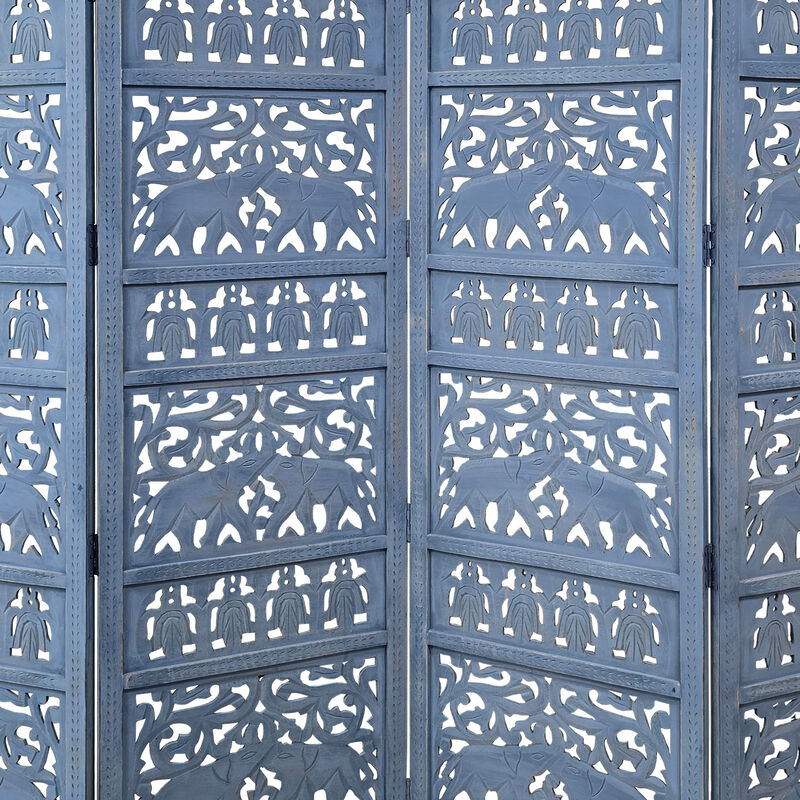 Jumbo 4 Panel Folding Room Divider Screen, Antique Blue Mango Wood, Elephant Motif Carved Design