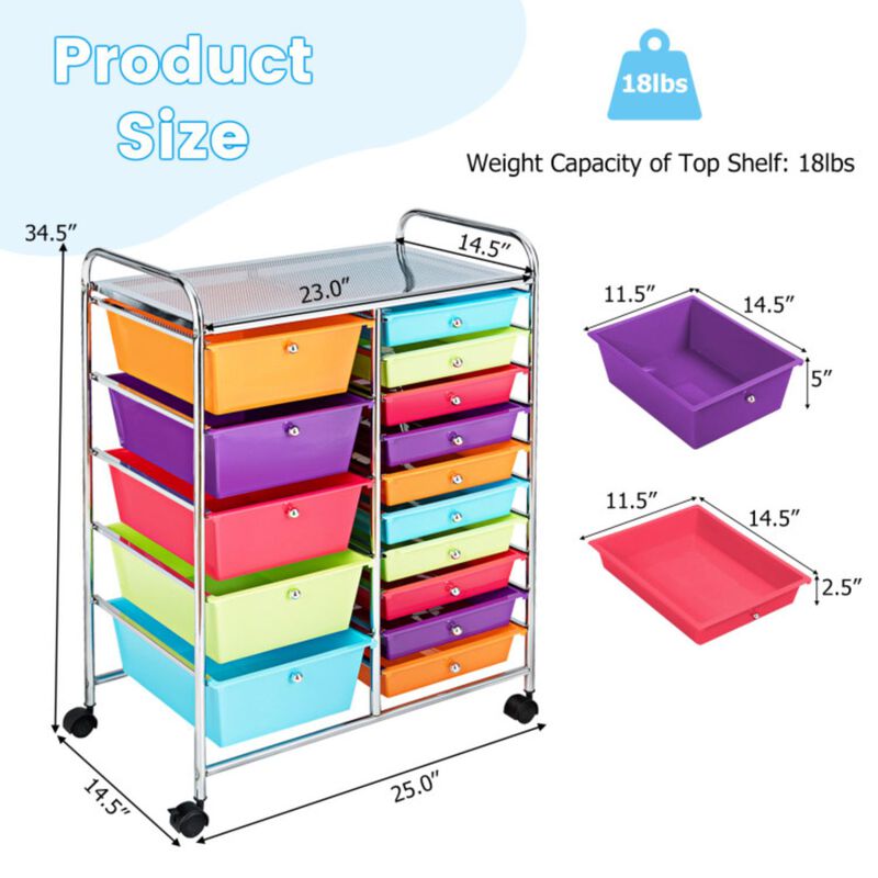 Hivvago 15-Drawer Utility Rolling Organizer Cart Multi-Use Storage