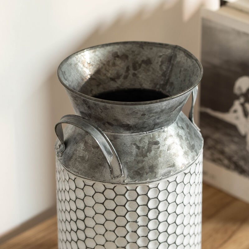 Vintiquewise 11-Inch Vintage Farmhouse Decorative Milk Bucket Vase - Rustic French Country Decor Jug with Handles for Flowers Shabby Chic Centerpiece Table Decor Garden Accent Primitive Tin Holder